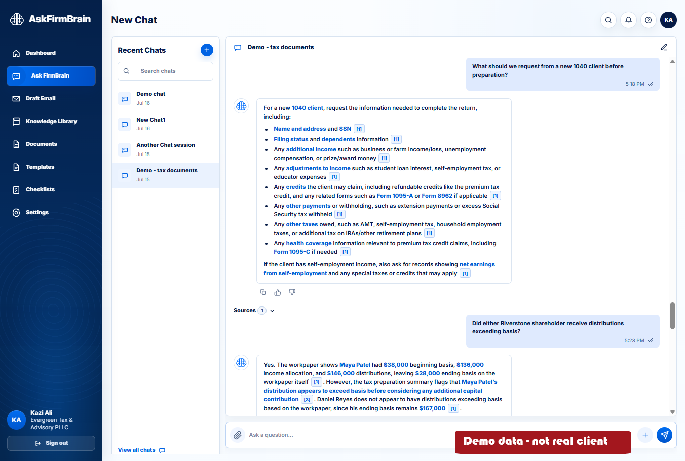 AskFirmBrain chat showing a grounded answer with numbered source citations