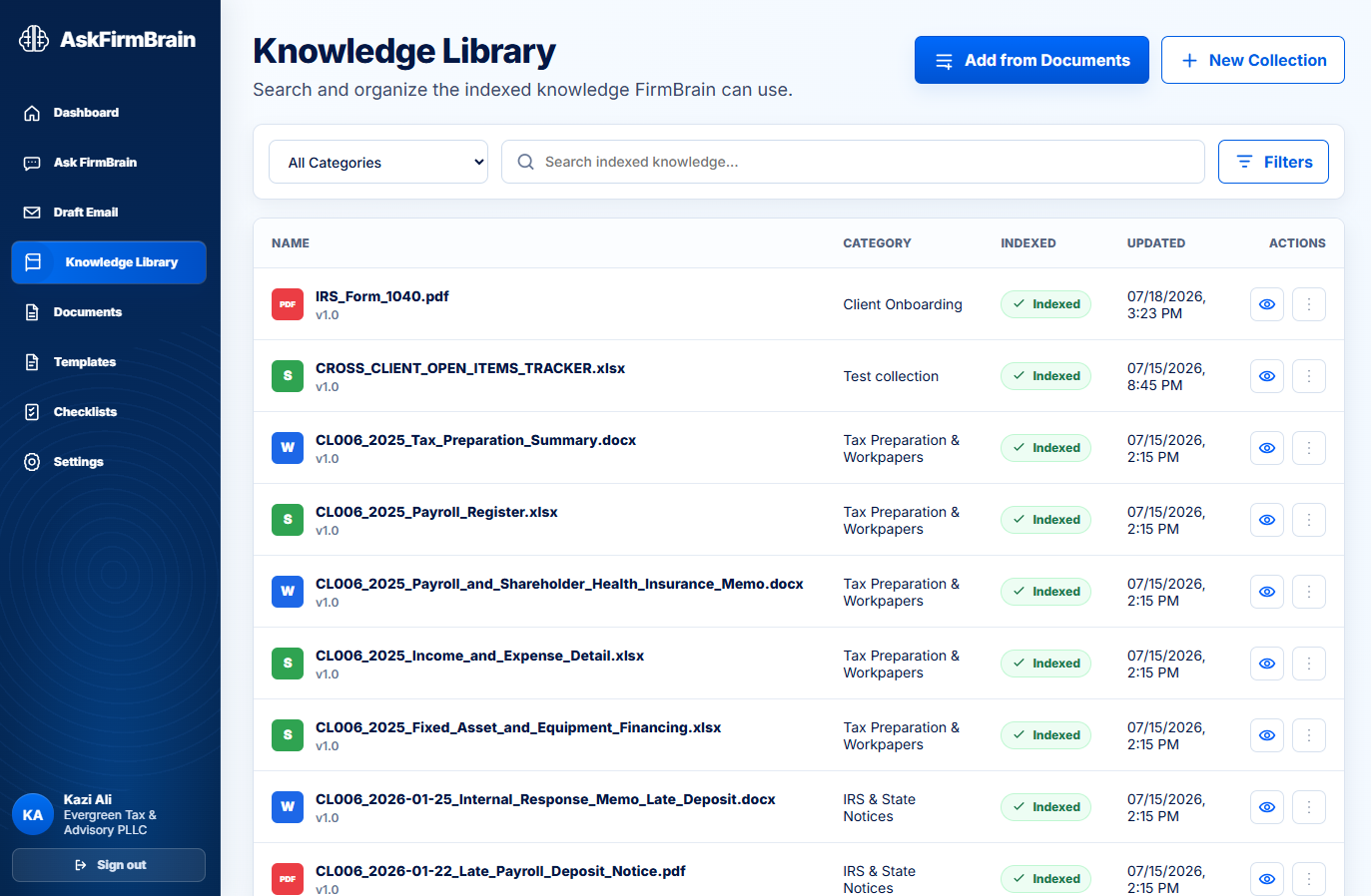 AskFirmBrain knowledge library with indexed resources organized by category
