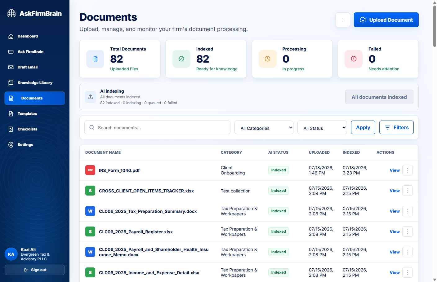 AskFirmBrain document management page with processing status and filters