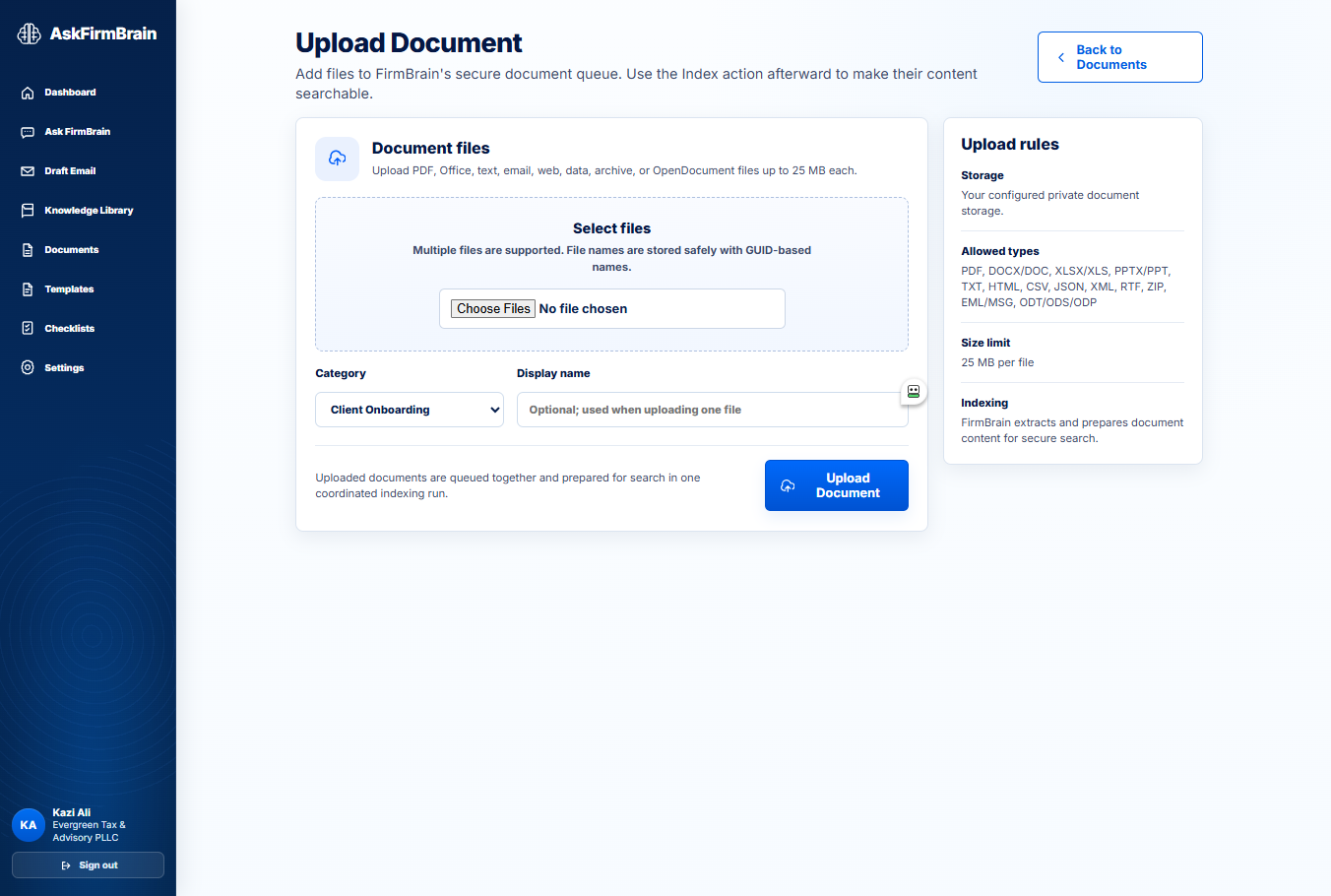 AskFirmBrain secure document upload page with file selection, category, and upload rules
