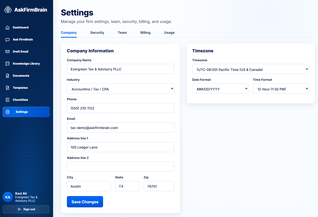 AskFirmBrain company settings page with branding and timezone controls